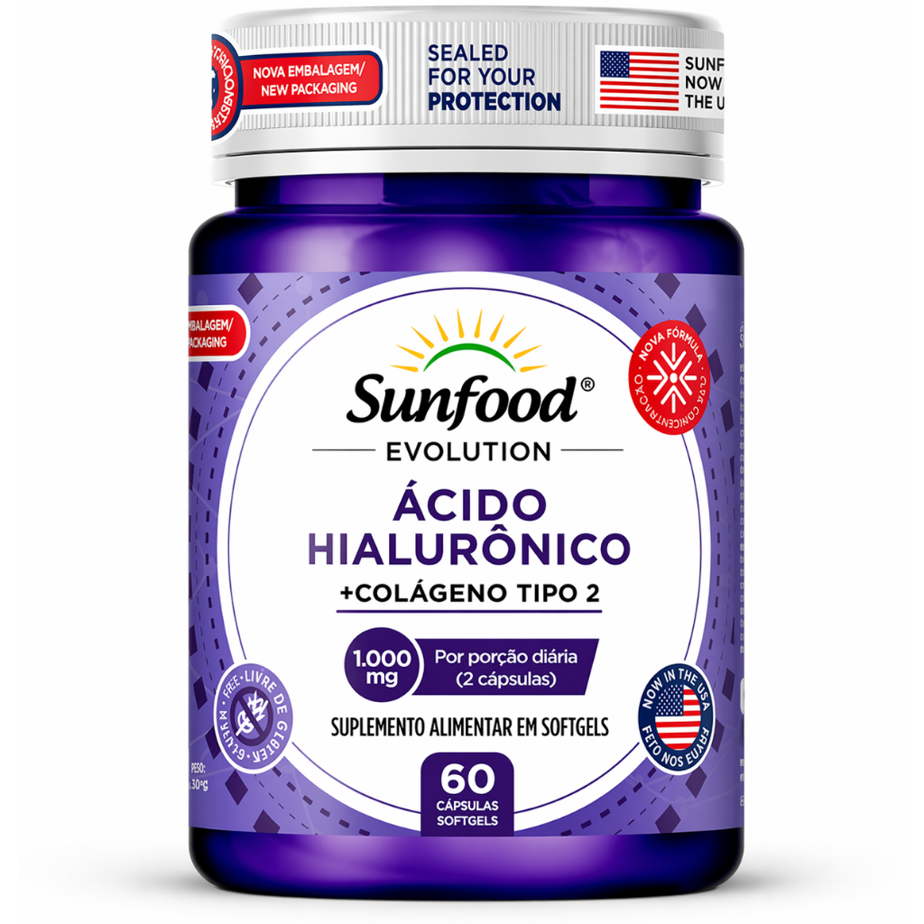 ÁCIDO HIALURÔNICO + COLÁGENO TIPO 2 1.000MG 60 SOFTGELS SUNFOOD - Imagem 1