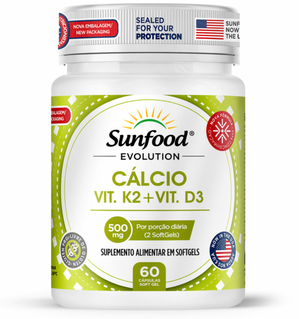 CÁLCIO + VITAMINA K2 + VITAMINA D3 500MG 60 SOFTGELS SUNFOOD
