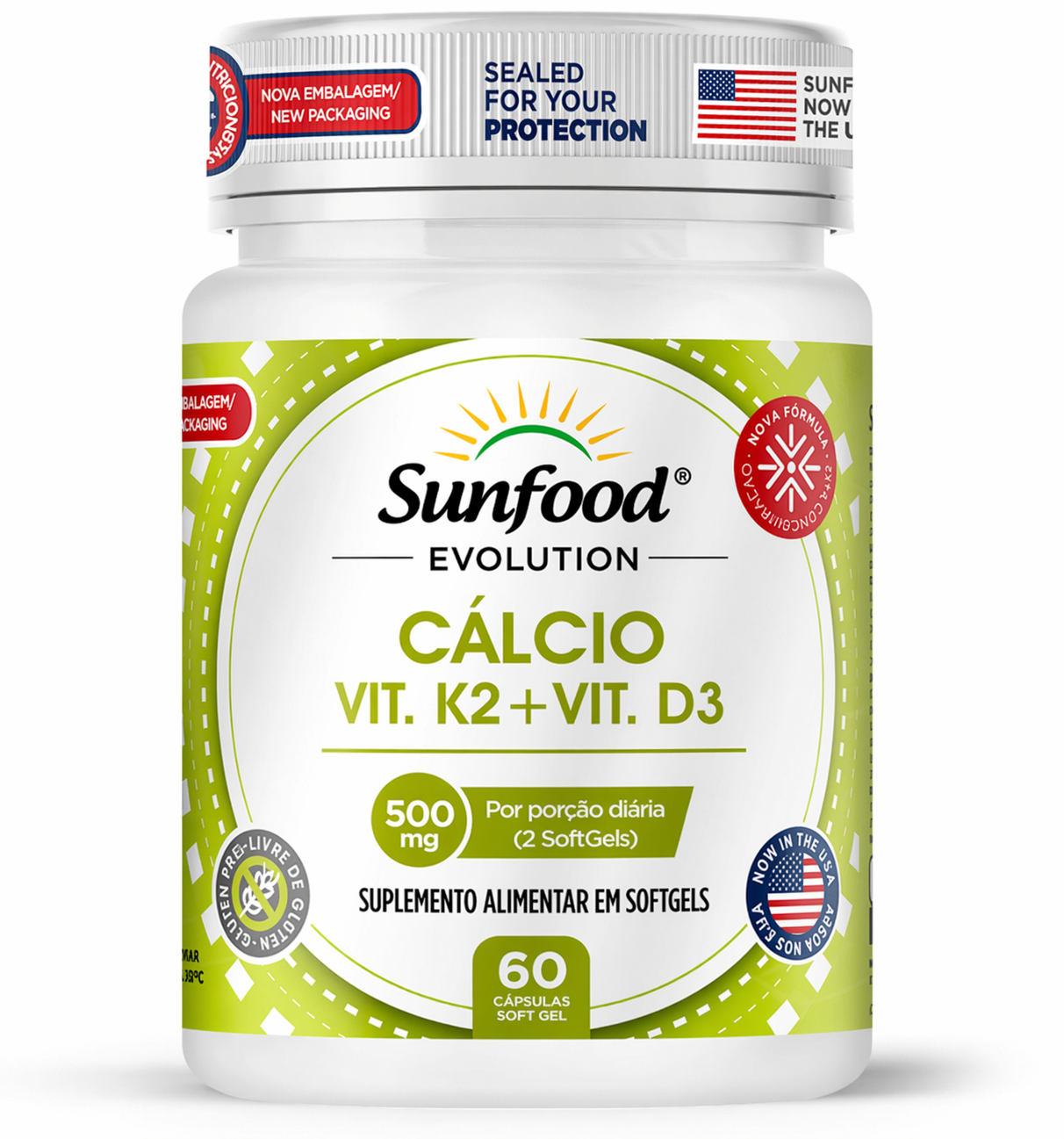 CÁLCIO + VITAMINA K2 + VITAMINA D3 500MG 60 SOFTGELS SUNFOOD - Imagem 1
