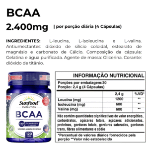 BCAA 2.400MG 120 CAPSULAS SUNFOOD EVOLUTION - Imagem 3