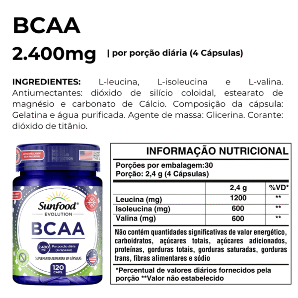 BCAA 2.400MG 120 CAPSULAS SUNFOOD EVOLUTION